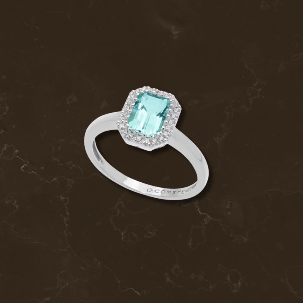 Anello Acquamarina Taglio Smeraldo con Pavè Comete